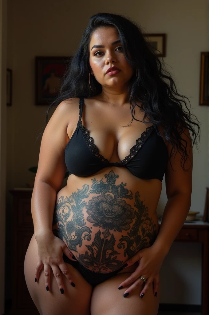 Chubby woman showing off her blackened cunt with a lot of pussy dregs