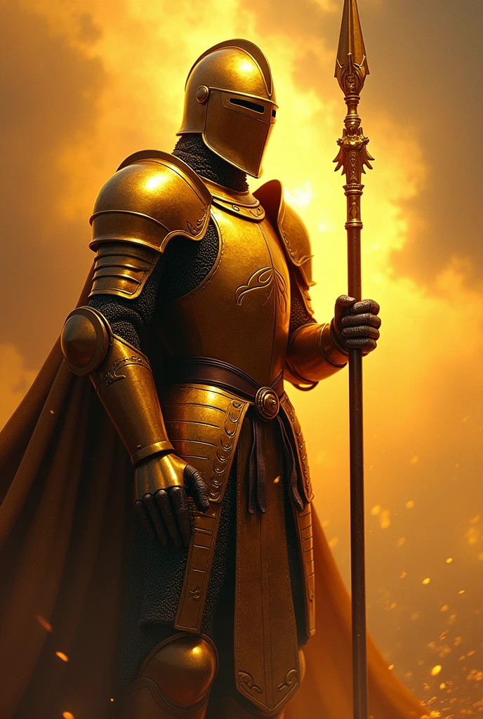 ((Best Quality)), ((masterpiece)), (detailed), knight in golden armor, Spear with golden aura
