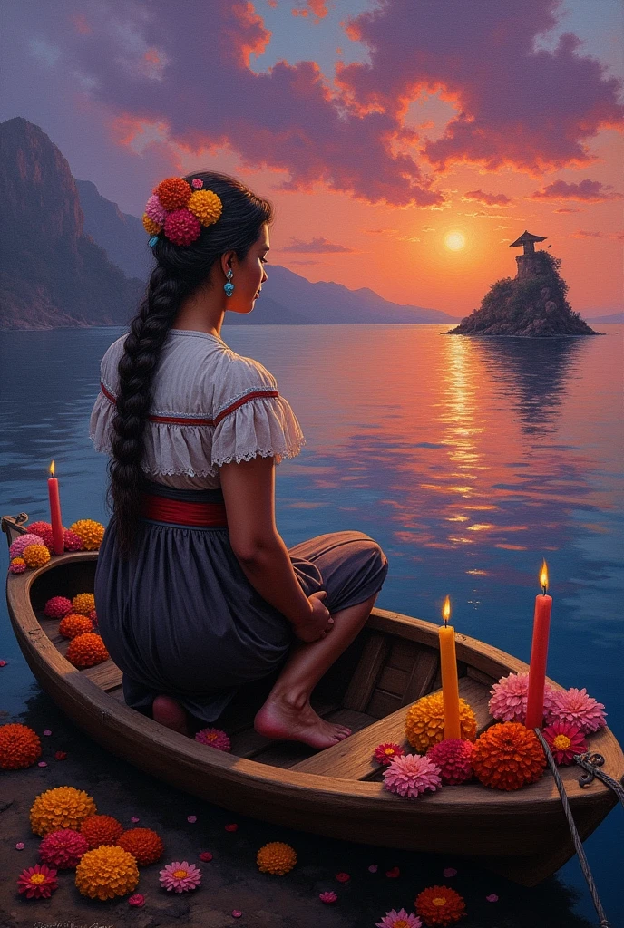 An oil painting of a Purepecha woman with her back turned and kneeling on a boat, and in the background the island of Janitzio de Pátzcuaro, with elements of the day of the dead such as candles or cempasuchil, and with a sky of dark shades of purple and orange as if it were sunset