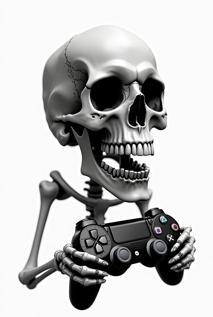Skull with Playstation controller in hand in black and white with transparent background