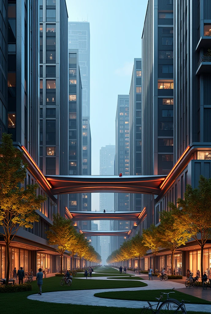 art deco design，urban buildings，streamline moderne，futuristic architecture, Abstraction，modern style，Luxury and Luxury，Future night view，Futuristic decorative elements，Metallic，number line，sci-fi lamp，Virtual Engine，Unreal rendering, neon lights, apartments, restaurants, mixed use, multiple buildings, trees, parks, greenery, grass, green field, pedestrians, people, bike lanes, bicycles, skybridge