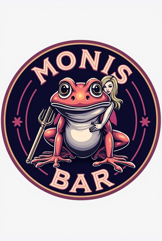 Logo for a bar in a circle , what say (MONIS BAR) purple with a frog and a blonde doll