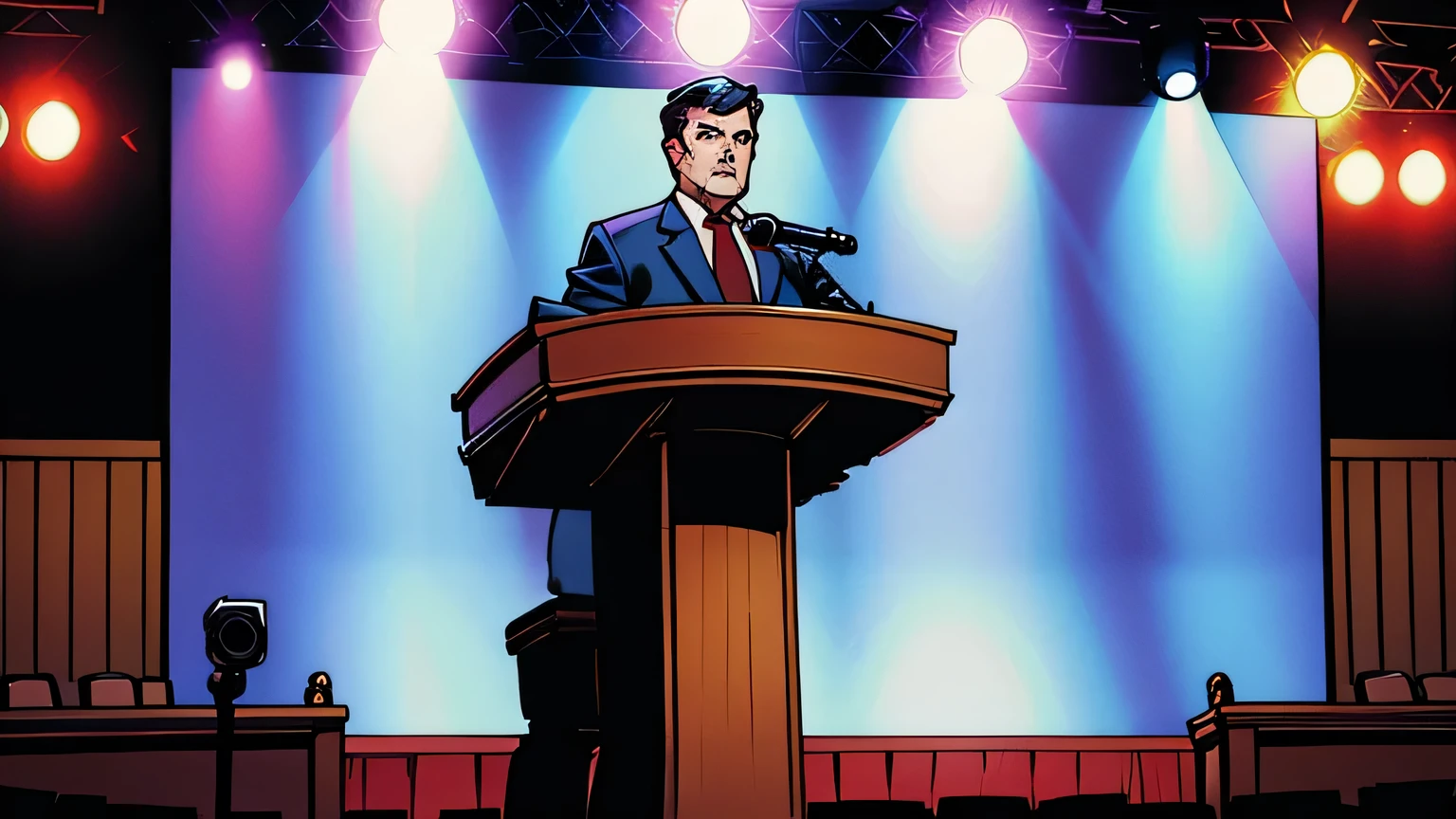 speech pulpit, empty stage, political scene background, interview, camera in foreground