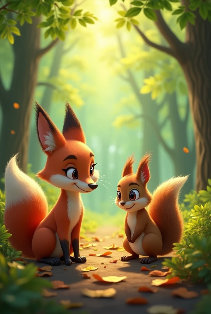 Fox with a curious and cunning look while a squirrel with a sincere smile