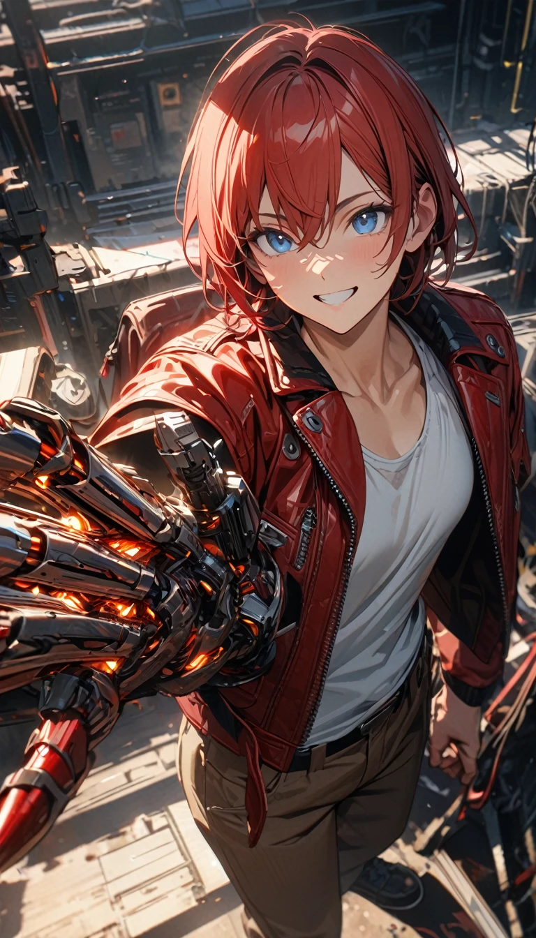 adult guy, short red hair, blue eyes, smile, red leather jacket, sleeveless, white tank top, brown trousers, cyber hand, Masterpiece, best quality, Full HD, 8k, ultra details, great graphic