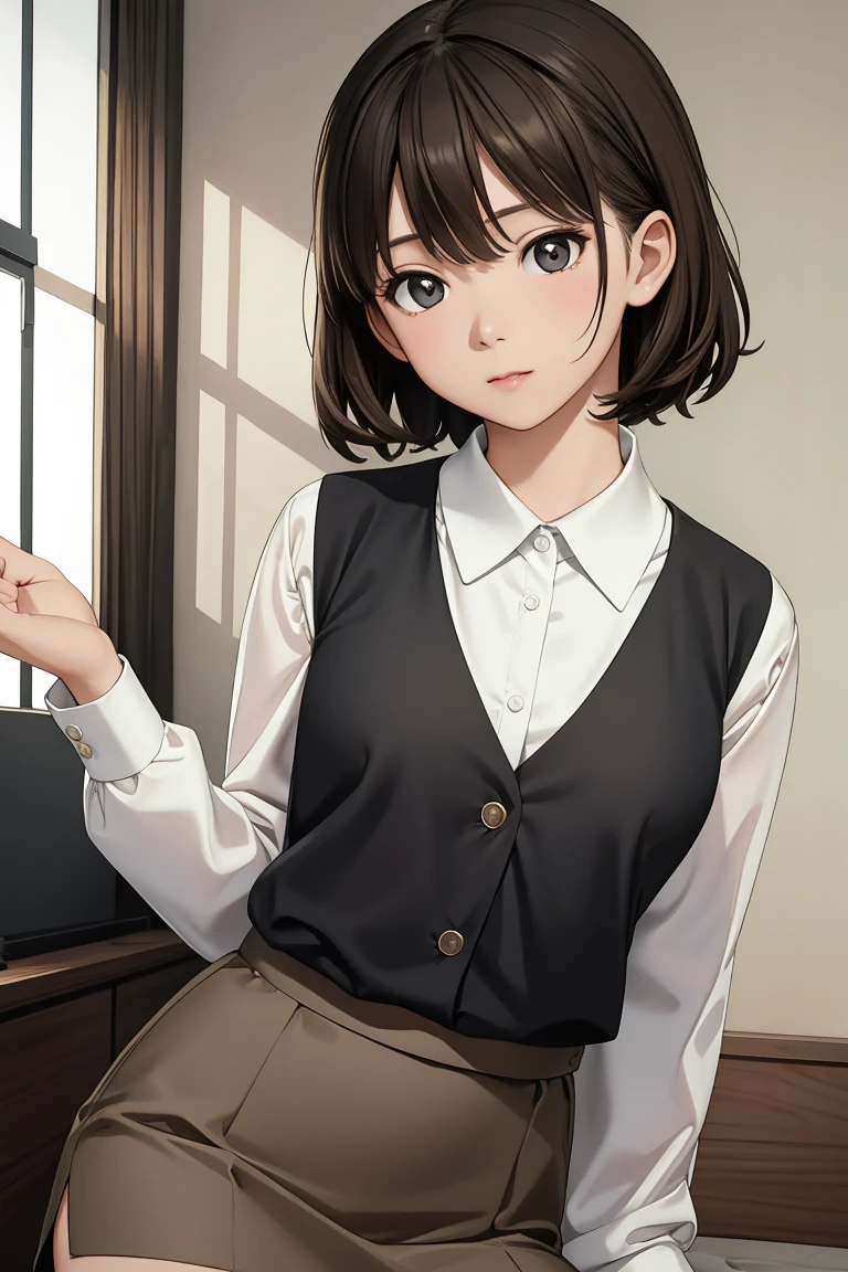 ((masterpiece, Highest quality; 1.3)), Highest quality, Beautiful details, Very detailed, Ultra-fine, 16K, Exquisite, Absurd, High resolution, Beautiful background, Detailed Background, Beautiful Eyes, Beautiful Skin, Anime Style, Real Stick, Very detailed, Very detailed, Detailed Lora,High resolution, Detailed face, Perfect Face, fine grain, Perfect Eyes, Expressive eyes, Perfect Anatomy, (視聴者に向けてキックをしているAnnie), 1 girl, alone,  Nervous, Annie, short hair, Black Hair, iris, White shirt, Brown vest, Brown mini skirt, Big Breasts,Tight waist, Cowboy Shot, Black catを抱く***、Cute girl、Brown Hair、Black cat、Natural look、Long Shot、Natural light