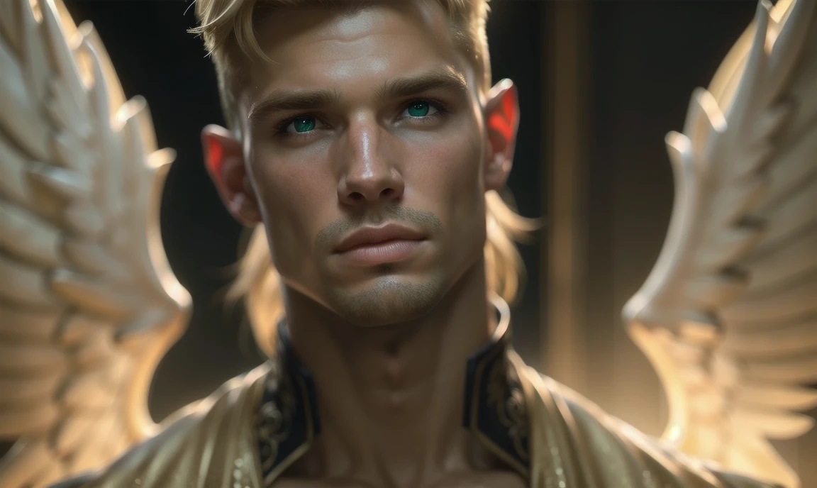 [((highly detailed, detailed eyes, detailed face, clear and realistic facial features, photorealistic, realistic light, cinematic, chest-up shot)), (1 man), Gorgeous and sexy and powerful masculine male angel, (((one pair of large wings))), ((faint halo)), ((short blond hair, green eyes)), ((35 years old)), ((wearing flattering angelic clothes)), (((aura of divine power))), standing in a cozy apartment at nighttime, ((light blush)), (((wearing an indignant expression)))]