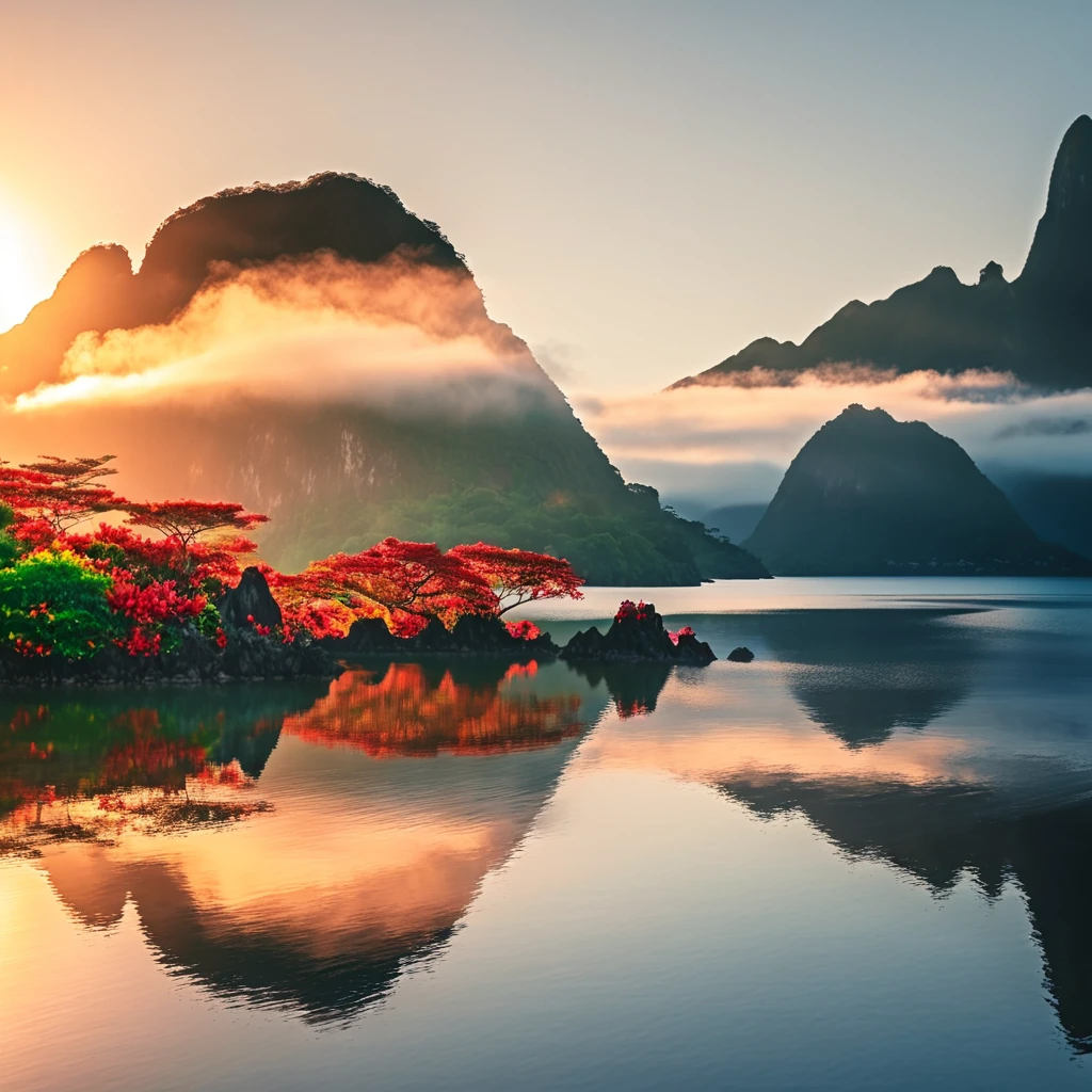 Island of the Gods, amazing scenery, golden to red otherworldly morning, mystical and serene feeling, brave, epic, good morning, ancient taiwan, emerging from the darkness, wishing world peace. ((Best Quality, 8K, Masterpiece: 1.3))