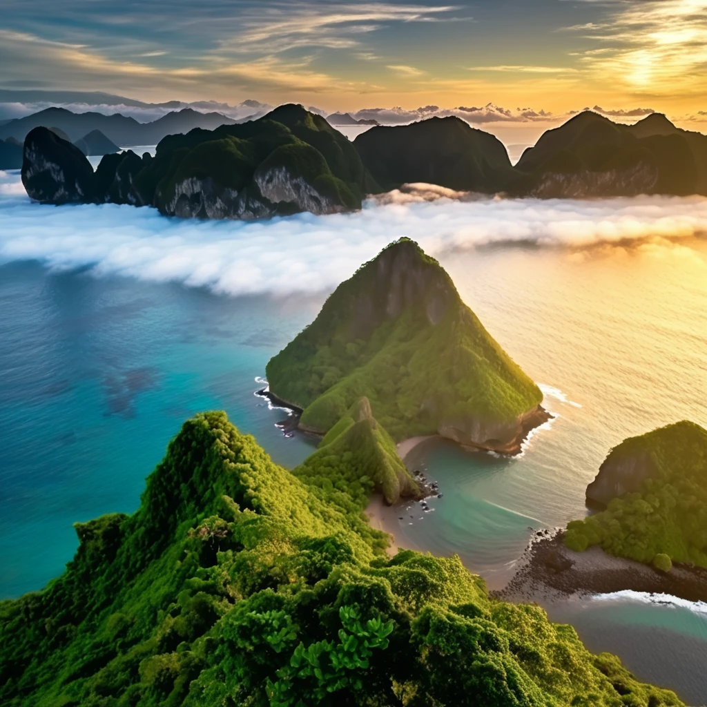 Island of the Gods, amazing scenery, golden to red otherworldly morning, mystical and serene feeling, brave, epic, good morning, ancient taiwan, emerging from the darkness, wishing world peace. ((Best Quality, 8K, Masterpiece: 1.3))