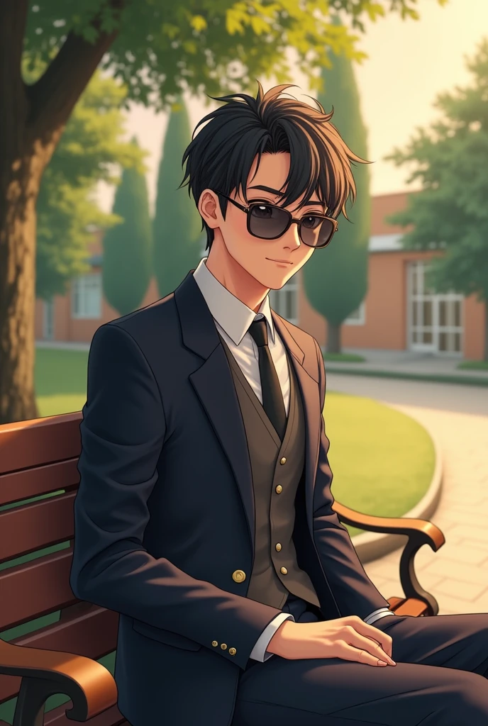 (photorealism:1.2), handsome college anime man no beard, wearing faith colleges uniform with sun glasses sitting on school bench, without beard warm lighting, realistic, intricate details by Greg Rutkowski, by Alphonse Mucha