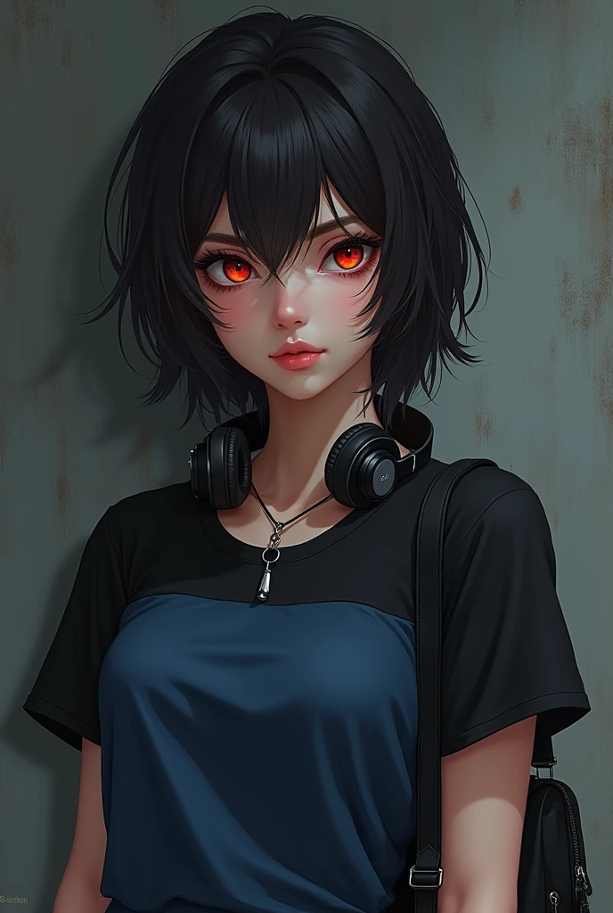 She wear clothes in dark colors and she have a whistle as a necklace. She have a black mixed with blue short, a little bit messy hair. She have a tan skin and heterochromia so her left eye is brown and her right is crimson red. She also have a black bag hanged over her right shoulder and headphones.