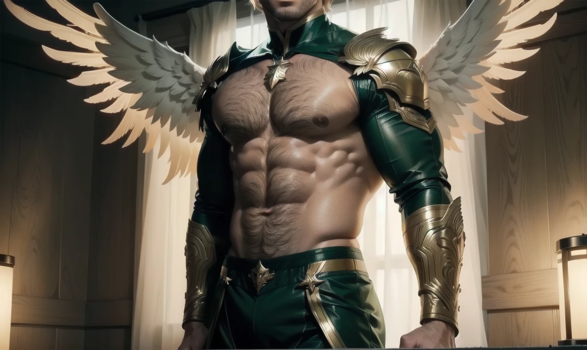 [((highly detailed, detailed eyes, detailed face, clear and realistic facial features, photorealistic, realistic light, cinematic, chest-up shot)), (1 man), Gorgeous and sexy and powerful masculine male angel, (((large wings))), ((faint halo)), ((short blond hair, green eyes)), ((35 years old)), ((wearing flattering angelic clothes)), (((aura of divine power))), standing in a cozy apartment at nighttime, ((light blush)), (((wearing an indignant expression)))]
