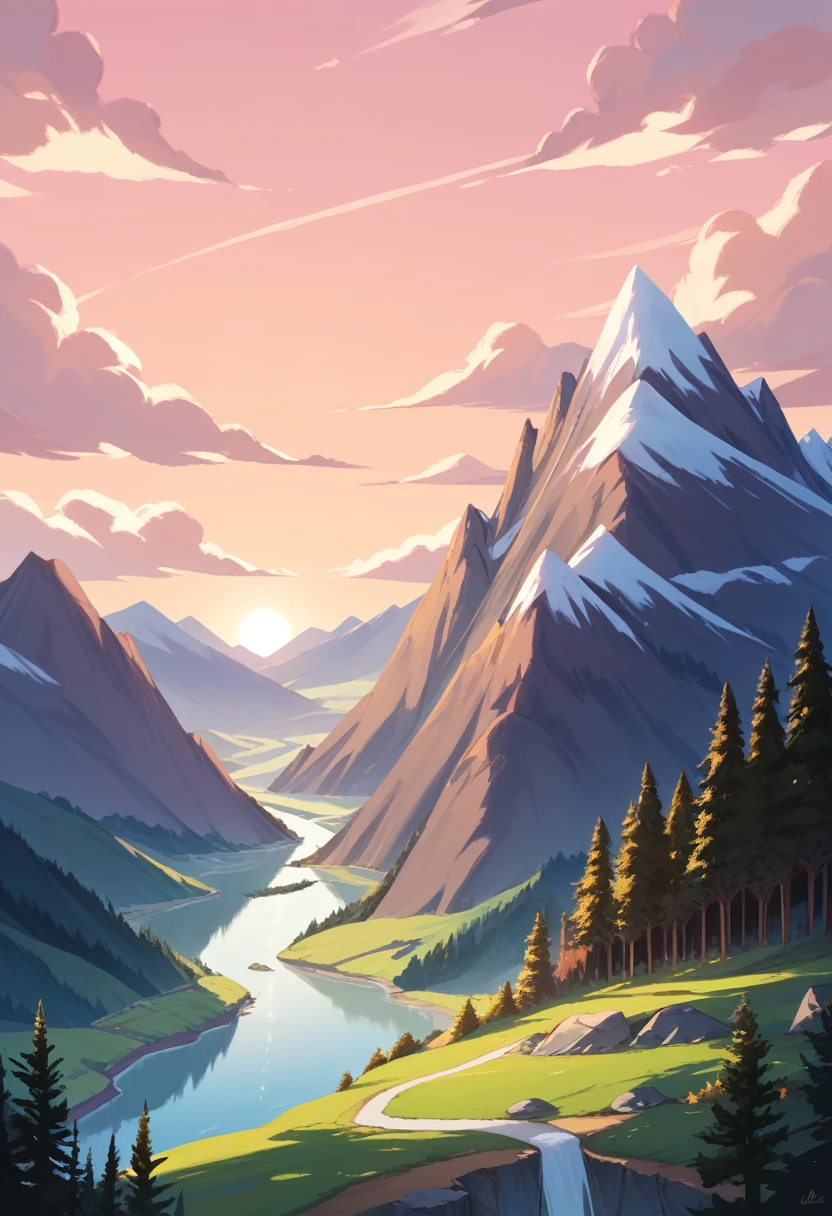 a landscape, high mountain, amplitude , Small rivers, mountainscape, beautiful sunset, shaders,