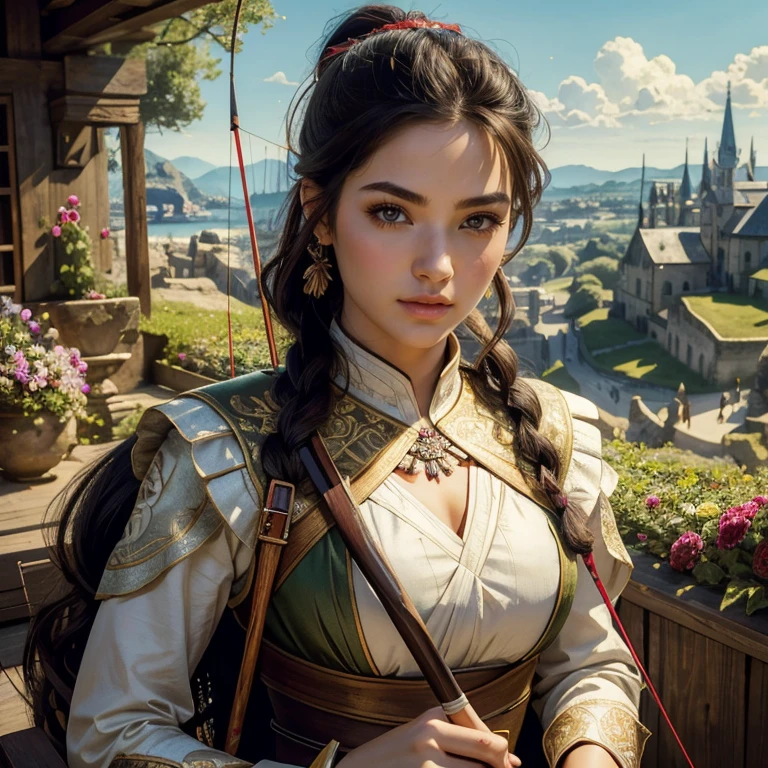 (​masterpiece, best quality:1.5), highest quality, High resolution, super detailed, Realists, Upper body photo of a black-haired archer, detailed and beautiful eyes, beautiful detailed lips, very detailed eyes and face, longeyelashes, Archer in lills battle dress, Elegant details in the fabric. Beautiful and colorful makeup, ponytail hairstyle, Gardens as background, bright daylight, bright colors, fine brushstrokes, Portrait style, beautiful color palette, glowing skin, First-class rendering, that captures every detail, enchanting atmosphere, (perfect ???????:1.2), (The stunning archer holds a bow.  (magnificent panorama view:1.2)