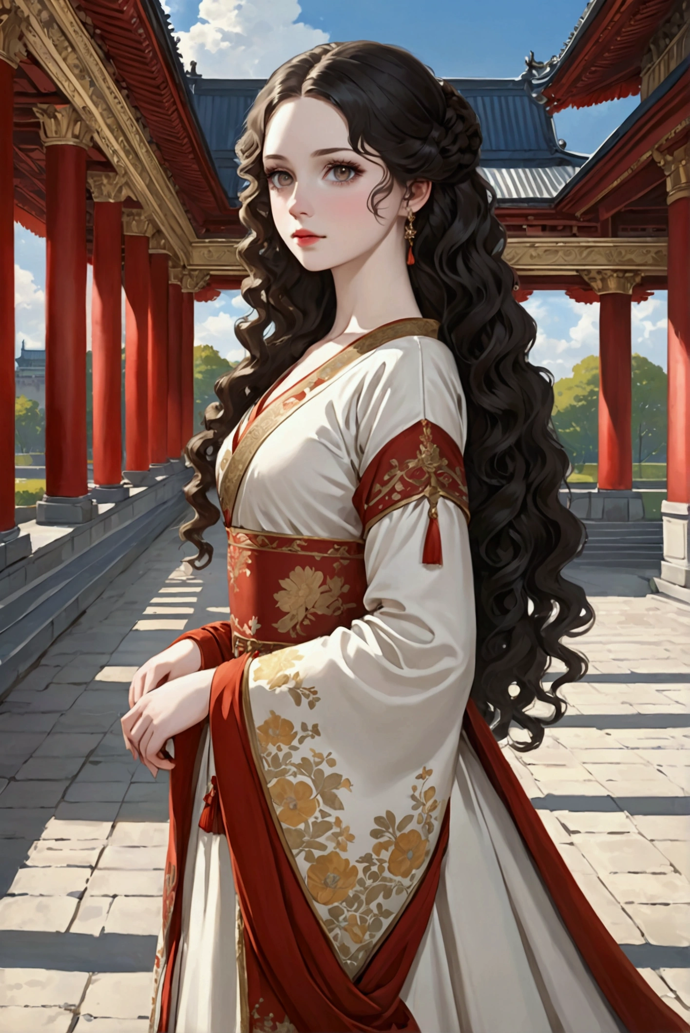 1 girl, Retailer, perfect model, beauty, black hair, long curly hair, Brown eyes, anime, realist, Pale skin, Brown eyes claros, European Empress Dress, imperial palace, majestic scenery, medieval.