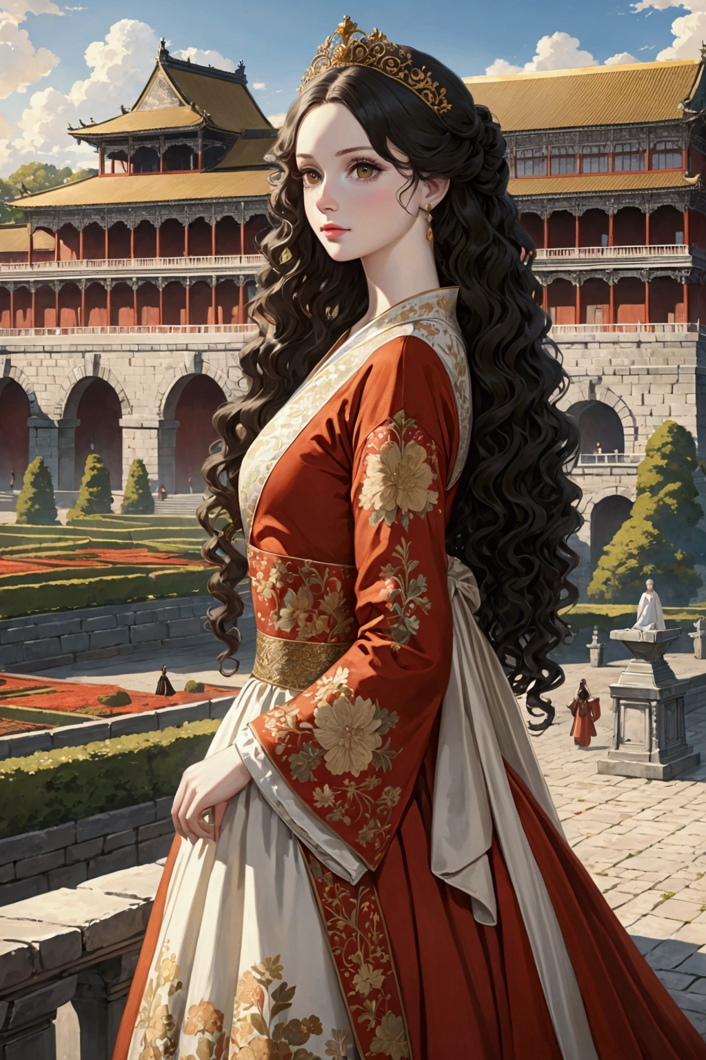 1 girl, Retailer, perfect model, beauty, black hair, long curly hair, Brown eyes, anime, realist, Pale skin, Brown eyes claros, European Empress Dress, imperial palace, majestic scenery, medieval.