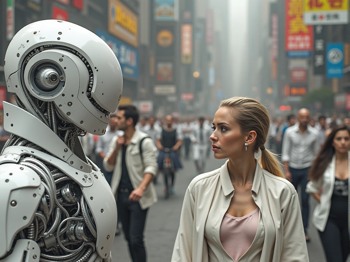 Woman's cyborg walking down the street in a crowd of people in the big city, defile show, high quality, best quality, absurdres, masterpiece, beautiful, intricate details, 1/2 body crop, slim body, beautiful figure, magnificent anatomy, (intricate details:1.12), HDR, (intricate details, hyper-detailing:1.15), (natural skin textures, hyper realisitc, soft light, Sharp:1.2)
