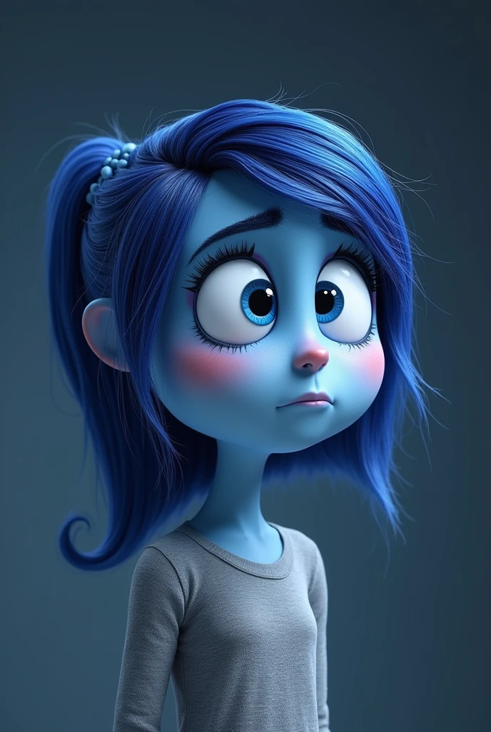 inside out sadness character with blue body and gray long sleeve shirt