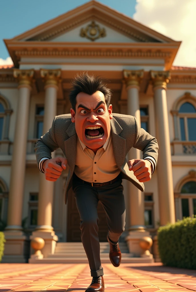 An angry  guy storming out of a fancy house , pixar  style, 3d , high-aesthetic, cinematic, masterpiece 