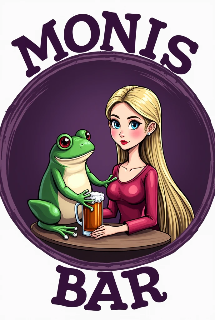 Logo for a bar in a circle , what say (MONIS BAR) purple with a frog and a blonde doll