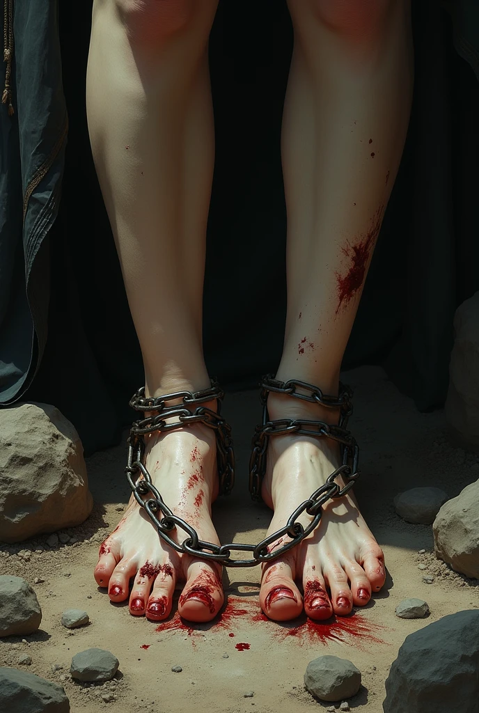 ((mejor calidad)), ((obra maestra)), (detallado), chained feets. Only feets. dusty ground. ashes, rocks. damaged and injured skin. white skin. Feet chained and subdued. silk fabric. skin with blood. slave. dungeon. Dark.