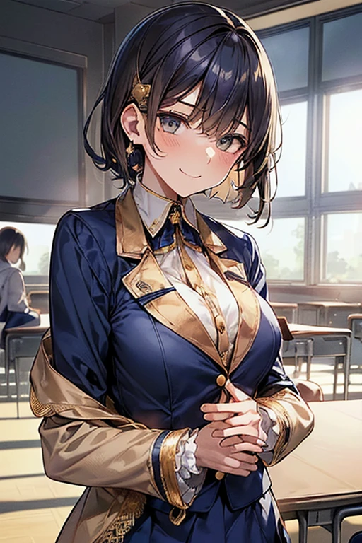 High-quality, ultra-realistic portraits。
(Big eyes、Gentle features、Natural smile)、((Asymmetrical shorthair:1.8、light brown))、(Medium breast)、Light Skin Tone、Healthy and smooth skin、((Navy blue blazer:1.8))、(White long sleeve blouse:1.4、Lace trim on collar、Gold Button、School emblem on breast pocket、Navy and white checkered pleated skirt:1.5)、Simple silver earrings、Slim wristwatch、 Black Loafers、((In the background is a classroom with advanced digital screens.:1.3))。