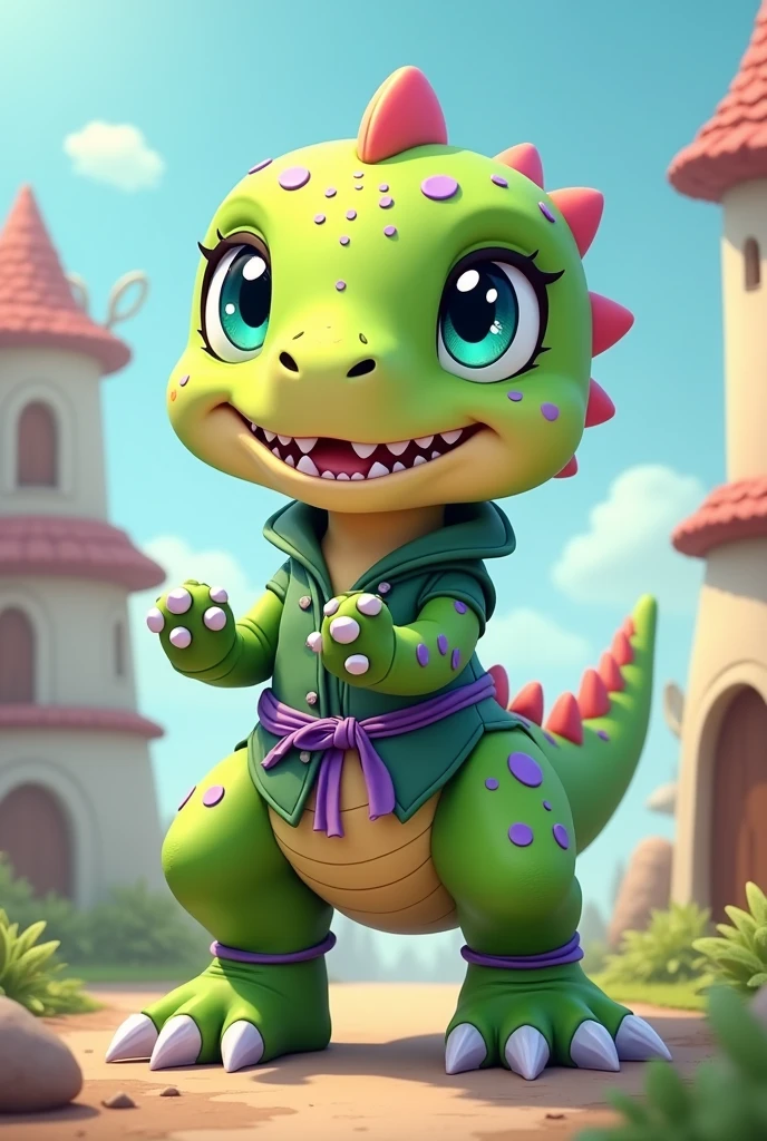 Naughty smiling FEMALE dinosaur wearing cute kawaii apple green NINJA outfit with CRESTS claws and PURPLE and LILAC SPOTS with blue-green eyes WITH BIG legs like yoshii and cute environment background