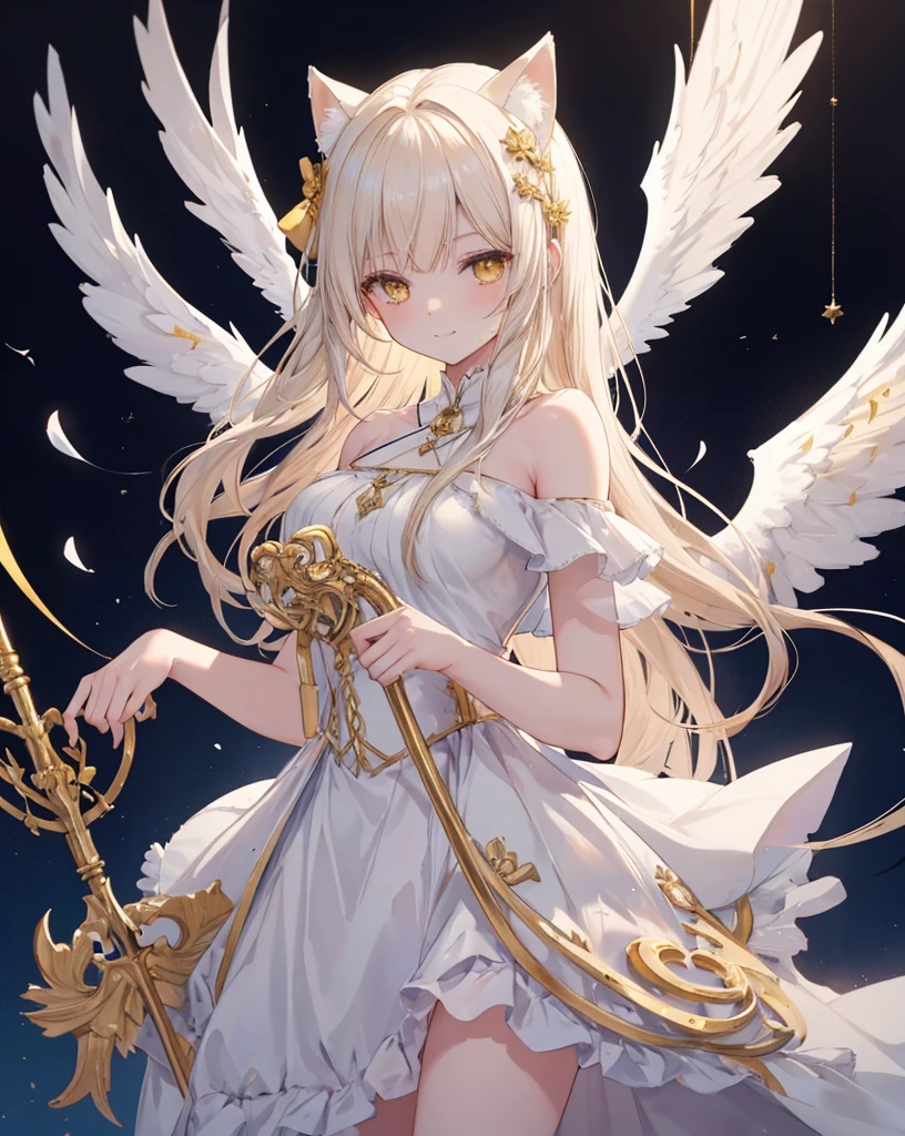  1catgirl, cat ears, (white long hair)) , oversaturated yellow eyes, intricate cool dress. Bare shoulders, white god dress with gold skirt. Portrait. Medium breast. Super detailed. Perfect anime yellow eyes, bare shoulders, white angel Wings. 
 Natural pose.  She's smiling , she's Smart . White fox tail. She's cupid, she's on top of a skyscraper with a bow to Hitting the lovers with a bow (gold bow), (arrow) .she hold a gold bow. she is surrounded by gold hearts. She is surrounded by red hearts. She's flying (midair shot), (flying), As in Greek paintings. Love is in the air. Greek deity. 