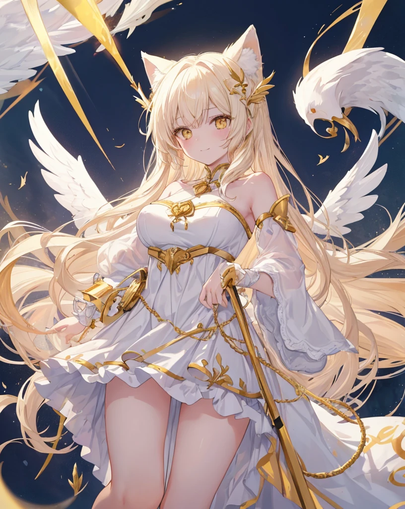 1catgirl, cat ears, (white long hair)) , oversaturated yellow eyes, intricate cool dress. Bare shoulders, white god dress with gold skirt. Portrait. Medium breast. Super detailed. Perfect anime yellow eyes, bare shoulders, white angel Wings.
Natural pose. She's smiling , she's Smart . White fox tail. She's cupid, she's on top of a skyscraper with a bow to Hitting the lovers with a bow (gold bow), (arrow) .she hold a gold bow. she is surrounded by gold hearts. She is surrounded by red hearts. She's flying (midair shot), (flying), As in Greek paintings. Love is in the air. Greek deity.