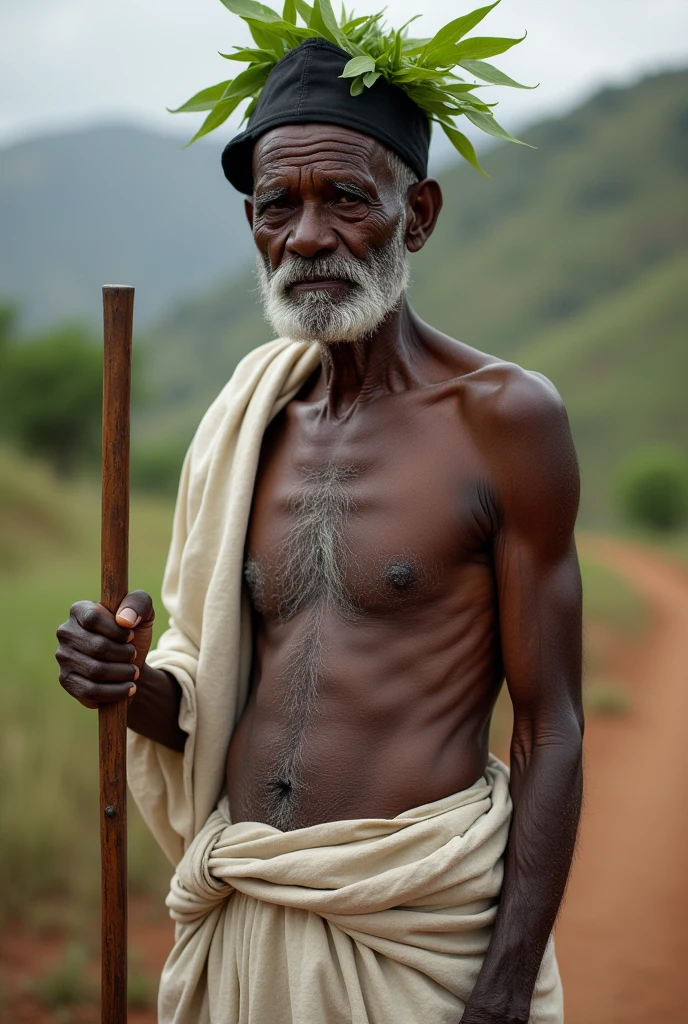 Can you generate the image of an elderly man from Plateau Jos. He should be shirtless but tying a white wrapper across his left shoulder and holding a long walking stick with one hand. He also wear a black cap with leaves in it.