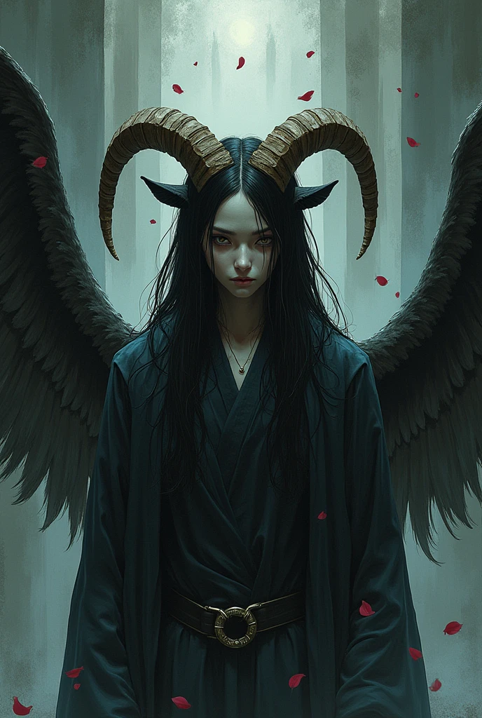A melancholic themed manga cover with tragedy, and has a protagonist being anthropomorphic half-human goat with sacrificial powers