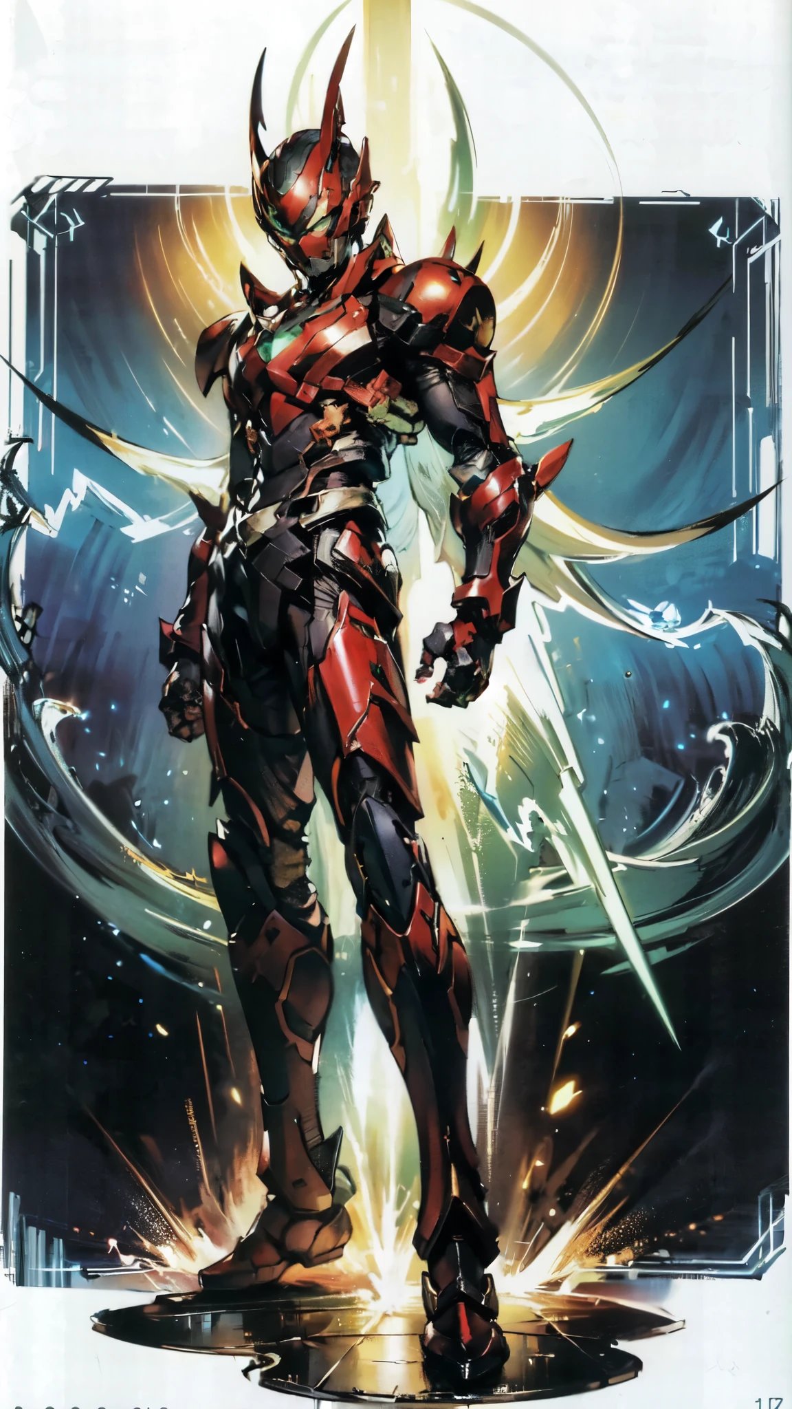 (masterpiece:1.5, best quality:1.5, extremely delicate:1.5, superhero pose:1.5), a man wearing a full-face helmet, a fantasy-style biotech armored combat suit, green eyes, (a composite layered chest armor), fully enclosed shoulder guards, matching arm and leg guards, belt of Neon circuit, (the color scheme is primarily black with green and red accents), the design balances heavy with agility, a high-tech bio-mecha armor, (Armor Concept Inspired by Paladin, stand on the top of a skyscraper in a futuristic sci-fi city), this character embodies a finely crafted fantasy-surreal style armored hero in anime style, exquisite and mature manga art style, (element, plasma, energy, the armor glows), ((male:1.5)), metallic, high definition, highres, ultra-detailed, ultra-fine painting, professional, perfect body proportions, golden ratio, anatomically correct, symmetrical face, extremely detailed eyes and face, high quality eyes, creativity, RAW photo, UHD, 32k, Natural light, cinematic lighting, masterpiece-anatomy-perfect