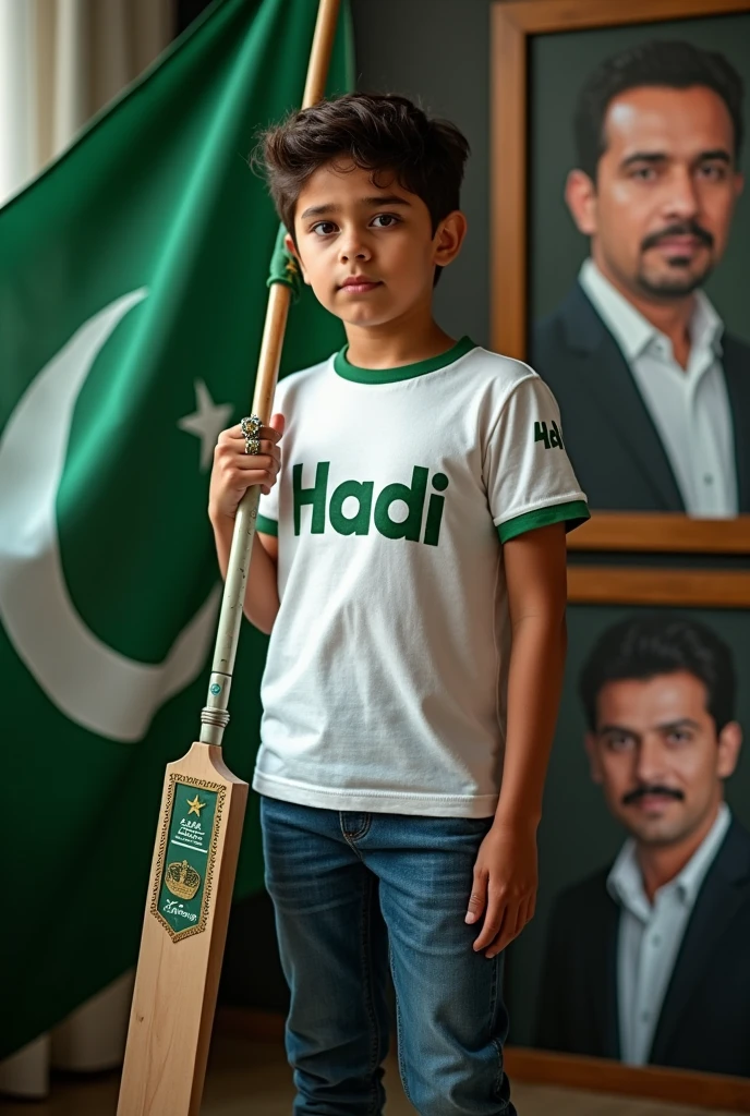 Make a picture in with Pakistani army 12 year old boy t-shirt with the name Hadi written on it, Pakistan flag in my hand and pakistan ringers with me, Pakistan flag in my hand and Nawaz Sharif stend with me