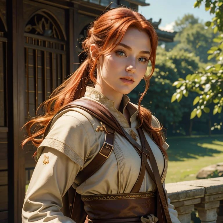 (​masterpiece, best quality:1.5), highest quality, High resolution, super detailed, Realists, Upper body photo of a red-haired archer, detailed and beautiful eyes, beautiful detailed lips, very detailed eyes and face, longeyelashes, Archer in battle dress, Elegant details in the fabric. Beautiful and colorful makeup, ponytail hairstyle, Gardens as background, bright daylight, bright colors, fine brushstrokes, Portrait style, beautiful color palette, glowing skin, First-class rendering, that captures every detail, enchanting atmosphere, (perfect anatomy:1.2), (The stunning archer holds a bow.  (magnificent panorama view:1.2)