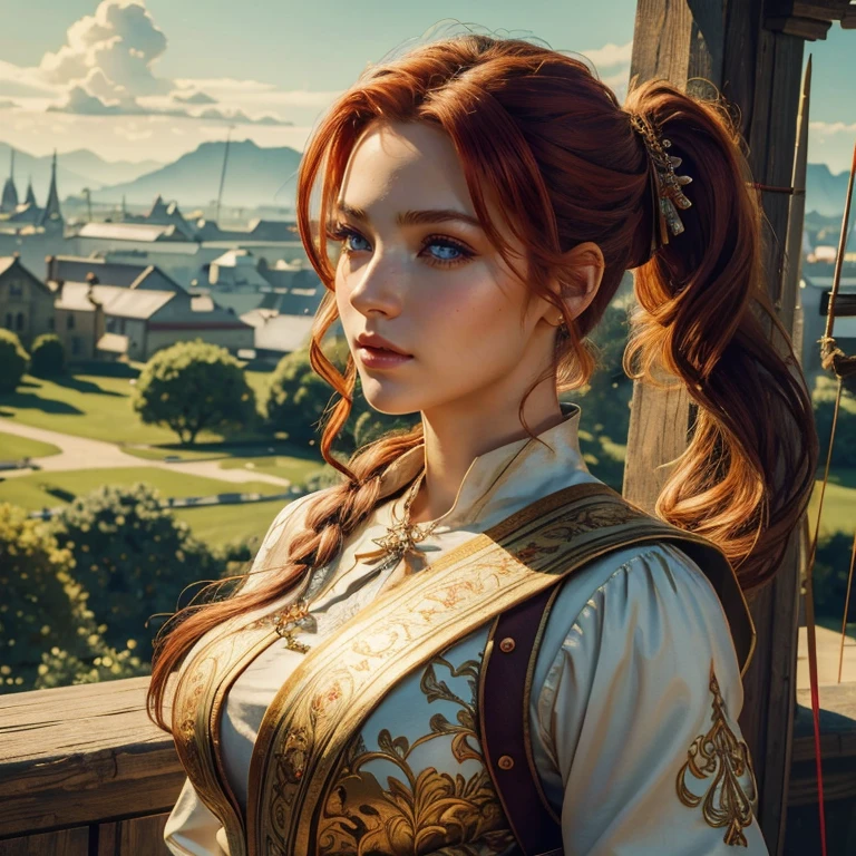 (masterpiece, best quality:1.5), highest quality, High resolution, super detailed, Realists, Upper body photo of a red-haired archer, detailed and beautiful eyes, beautiful detailed lips, very detailed eyes and face, longeyelashes, Archer in battle dress, Elegant details in the fabric. Beautiful and colorful makeup, ponytail hairstyle, Gardens as background, bright daylight, bright colors, fine brushstrokes, Portrait style, beautiful color palette, glowing skin, First-class rendering, that captures every detail, enchanting atmosphere, (perfect anatomy:1.2), (The stunning archer holds a bow. (magnificent panorama view:1.2)