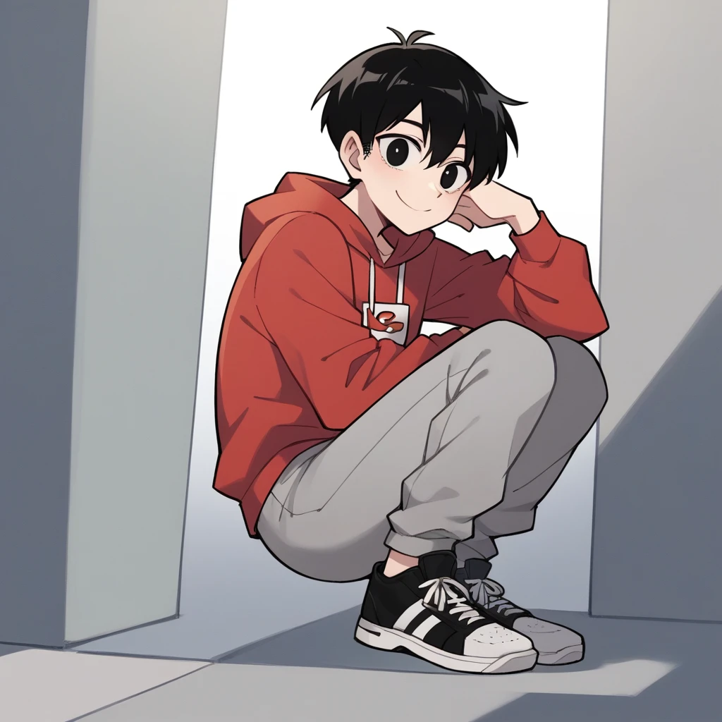 zPDXL, score_9, score_8_up, score_7_up, source_anime, 8k, absurdres, 
1girl, solo,  Miguel Have Black hair, black eyes, red sweatshirt, gray pants, black sneakers, an M in the upper right corner of the hair Two strands of hair raised in the upper right corner of the hair looking like the letter M and a neutral expression with a smile . He's not depressed and he's not black and not so white or pale. 
Imagine him standing and looking a little to the right