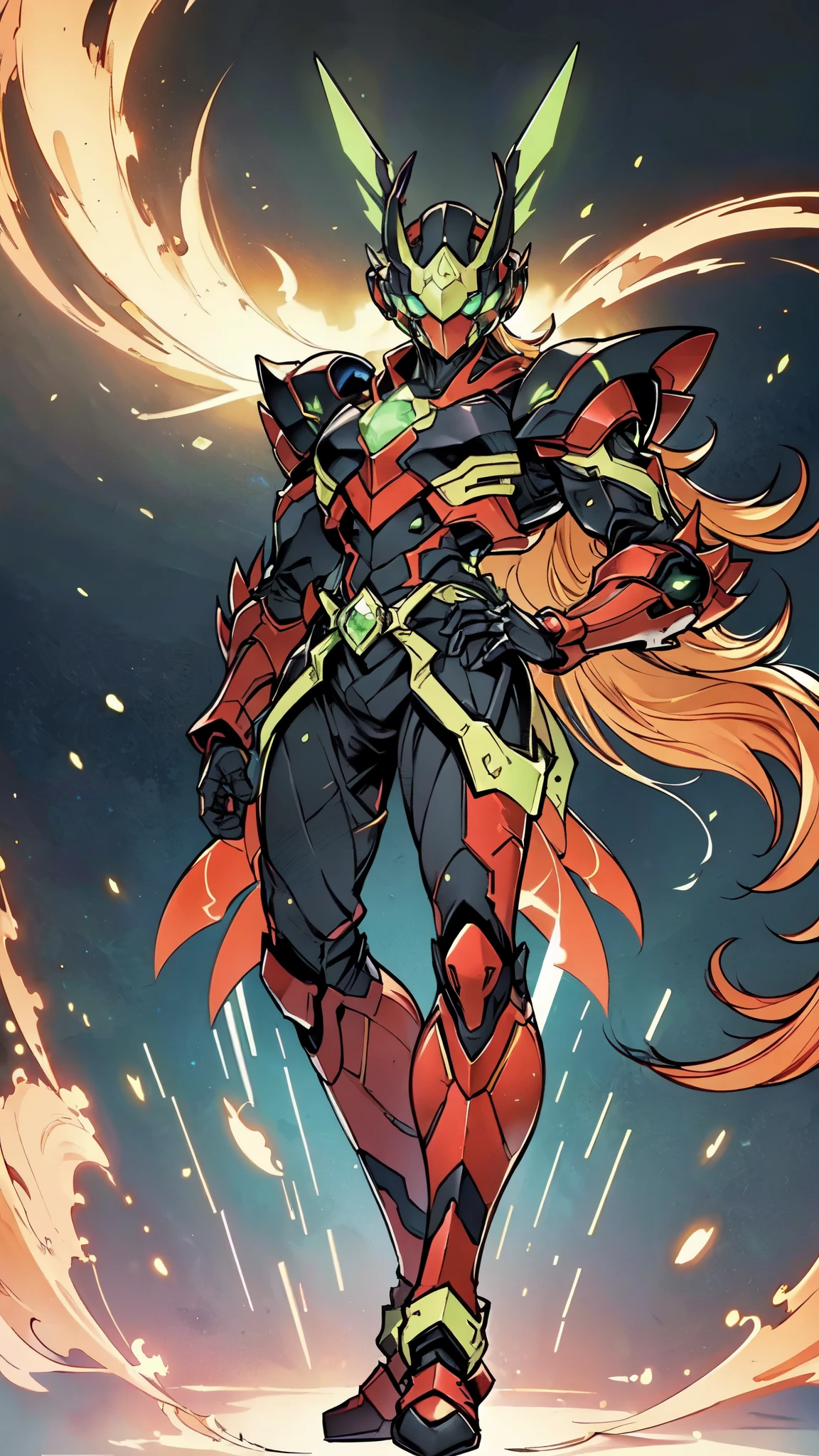 (masterpiece:1.5, best quality:1.5, extremely delicate:1.5, superhero pose:1.5), a man wearing a full-face helmet, a fantasy-style biotech armored combat suit, green eyes, (a composite layered chest armor), fully enclosed shoulder guards, matching arm and leg guards, belt of Neon circuit, (the color scheme is primarily black with green and red accents), the design balances heavy with agility, a high-tech bio-mecha armor, (Armor Concept Inspired by Kamen Rider, stand on the top of a skyscraper in a futuristic sci-fi city), this character embodies a finely crafted fantasy-surreal style armored hero in anime style, exquisite and mature manga art style, (element, plasma, energy, the armor glows), ((male:1.5)), metallic, high definition, highres, ultra-detailed, ultra-fine painting, professional, perfect body proportions, golden ratio, anatomically correct, symmetrical face, extremely detailed eyes and face, high quality eyes, creativity, RAW photo, UHD, 32k, Natural light, cinematic lighting, masterpiece-anatomy-perfect