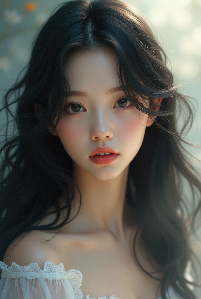 Girl with long wavy black hair, white skin and soft look