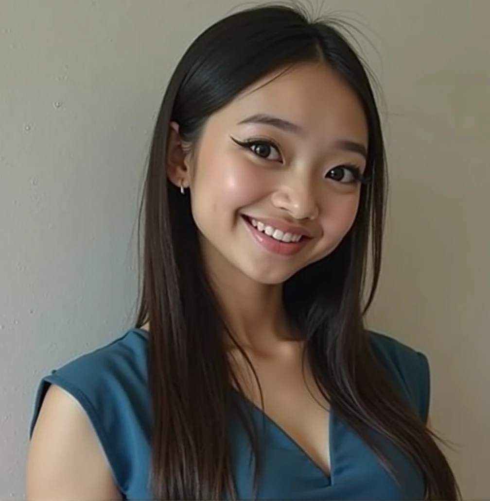 Cute Asian Woman with big forehead and big long nose, one eyebrow raised, very big smile, mouth closed, blue dress, long straight hair, black eye makeup