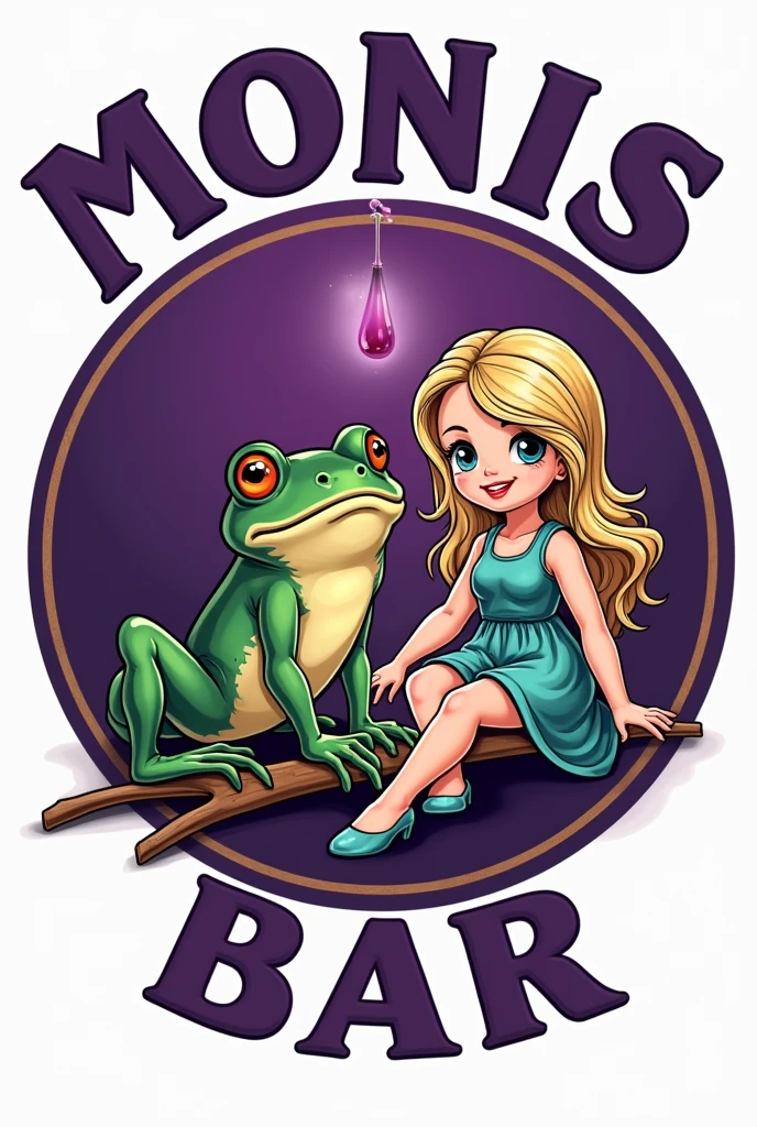 Logo for a bar in a circle , what say (MONIS BAR) purple with a frog and a blonde doll