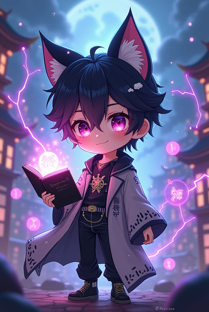 Anime figure of a boy with cat ears, Anime moe art style, demon slayer rui fanart, chibi!!! Kitten, Chibi Anime Boy, black-haired wizard with white streaks and black open magic book with decorations in one hand, Anime-Chibi, anime Kitten, Mihoyo art style, advanced digital chibi art, chibi art, black and white clothes, Several magical circles in different colors fly around the boy, background destroyed city, more purple lightning and blue fire, chinese dragon sitting on the shoulder
