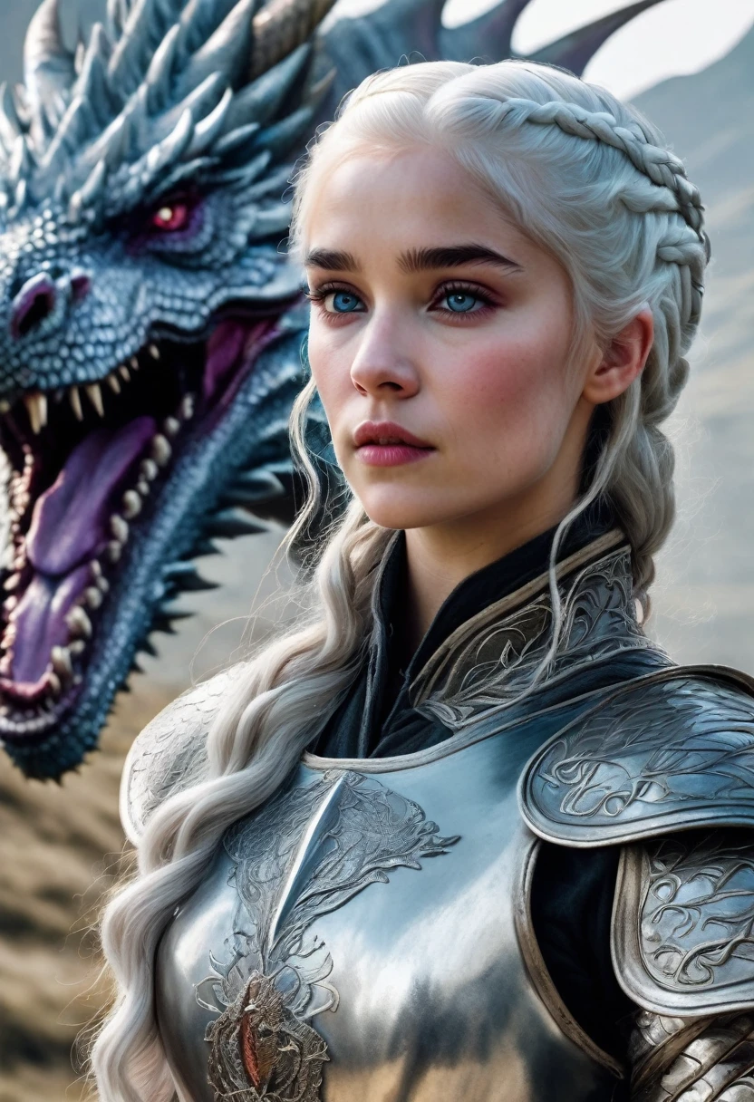 Targaryen woman, stunning beauty, gentle face. Silver hair braided and gathered into a bun, White skin, violet eyes, age 17 dressed in silver armor, with hairy fur coat, riding a great whitish dragon, with details in a pale blue,
game of thrones painting style