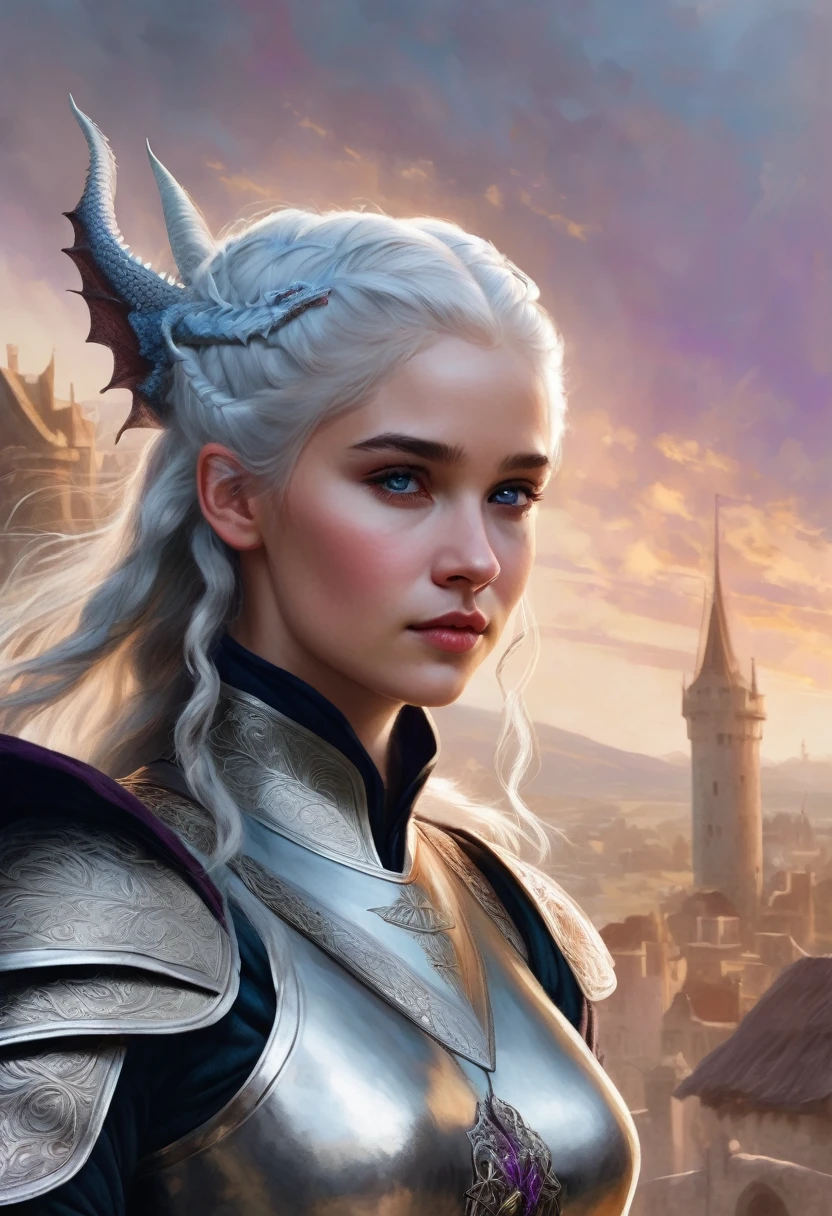 Targaryen woman, stunning beauty, gentle face. Silver hair braided and gathered into a bun, White skin, violet eyes, age 17 dressed in silver armor, with hairy fur coat, riding a great whitish dragon, with details in a pale blue,
game of thrones painting style