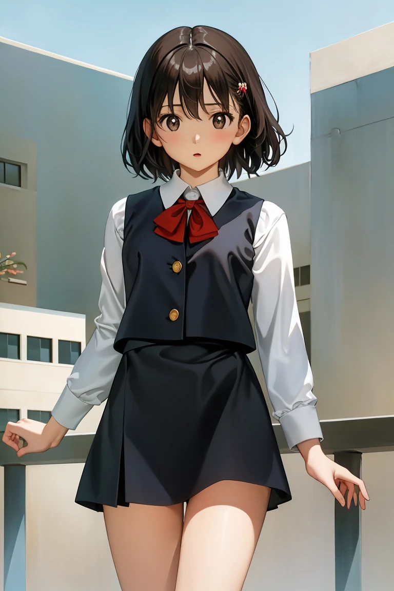 ((masterpiece, Highest quality; 1.3)), Highest quality, Beautiful details, Very detailed, Ultra-fine, 16K, Exquisite, Absurd, High resolution, Beautiful background, Detailed Background, Beautiful Eyes, Beautiful Skin, Anime Style, Real Stick, Very detailed, Very detailed, Detailed Lora,High resolution, Detailed face, Perfect Face, fine grain, Perfect Eyes, Expressive eyes, Perfect Anatomy, (視聴者に向けてキックをしているAnnie), 1 girl, alone, Nervous, Annie, short hair, Black Hair, iris, White shirt, Brown vest, Brown mini skirt, Big Breasts,Tight waist, Cowboy Shot, Black catを抱く***、Cute girl、Brown Hair、Black cat、Natural look、Long Shot、Natural light