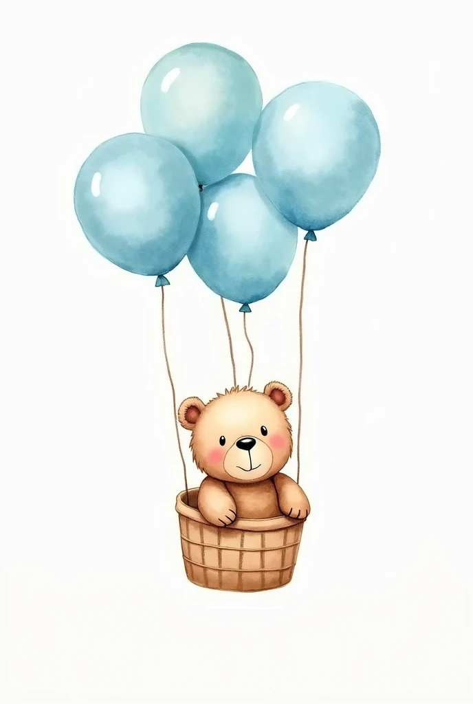 bear, basket with balloons, watercolor drawing, light blue balloons, floating, cute, more cute