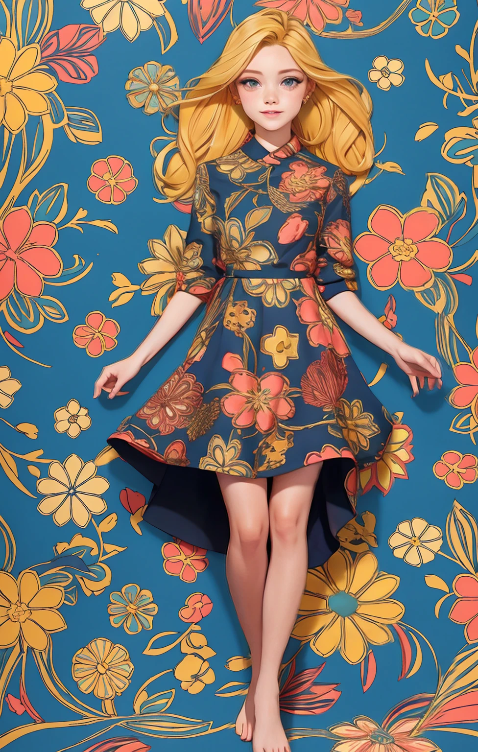 ((Full body photo, standing, feet on the ground))  Symmetrical pattern design, vibrant color palette with deep blues, yellows, pinks, and greens, floral motifs, dress, girl, Blonde hair, blue eyes, pale skin, red lipstick, open-mouthed smile, raised eyebrows, relaxed expression, black dress