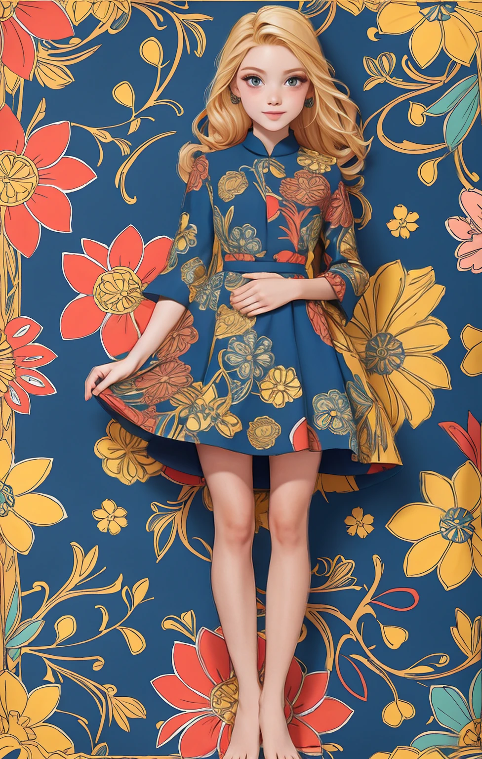 ((Full body photo, standing, feet on the ground)) Symmetrical pattern design, vibrant color palette with deep blues, yellows, pinks, and greens, floral motifs, dress, girl, Blonde hair, blue eyes, pale skin, red lipstick, open-mouthed smile, raised eyebrows, relaxed expression, black dress