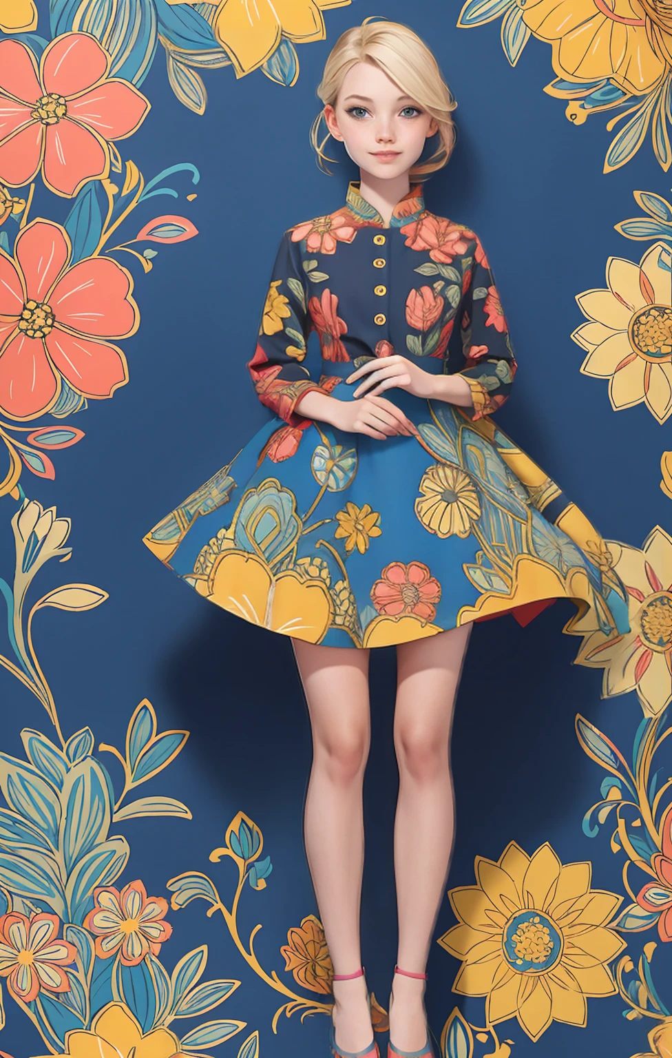 ((Full body photo, standing, feet on the ground)) Symmetrical pattern design, vibrant color palette with deep blues, yellows, pinks, and greens, floral motifs, dress, girl, Blonde hair, blue eyes, pale skin, red lipstick, open-mouthed smile, raised eyebrows, relaxed expression, black dress