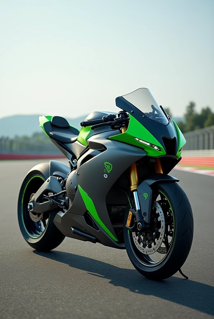 A motorcycle, and the Yamaha brand, Fazer 250 model year 2025, in matte gray with green details, in a racetrack landscape.
