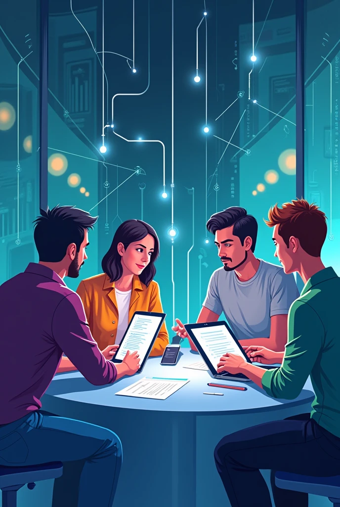 A detailed illustration of a diverse team of people working together in a modern, high-tech environment. The team is connected by digital devices like tablets and laptops, symbolizing collaboration. Dynamic lines of light or energy flow between the team members, representing the exchange of ideas and innovation. The background is a futuristic setting with subtle elements like holograms, digital interfaces, and geometric patterns that suggest technology and progress. The overall style is clean, with vibrant colors such as blues, greens, and purples, creating a modern and energetic atmosphere.